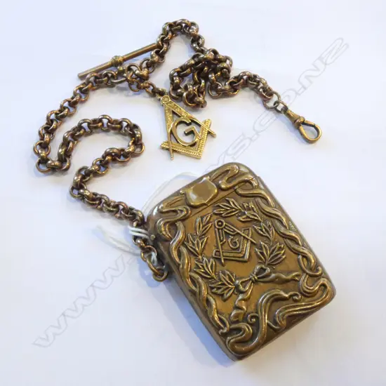 LARGE MASONIC BRASS VESTA ON GOLD PLATE CHAIN