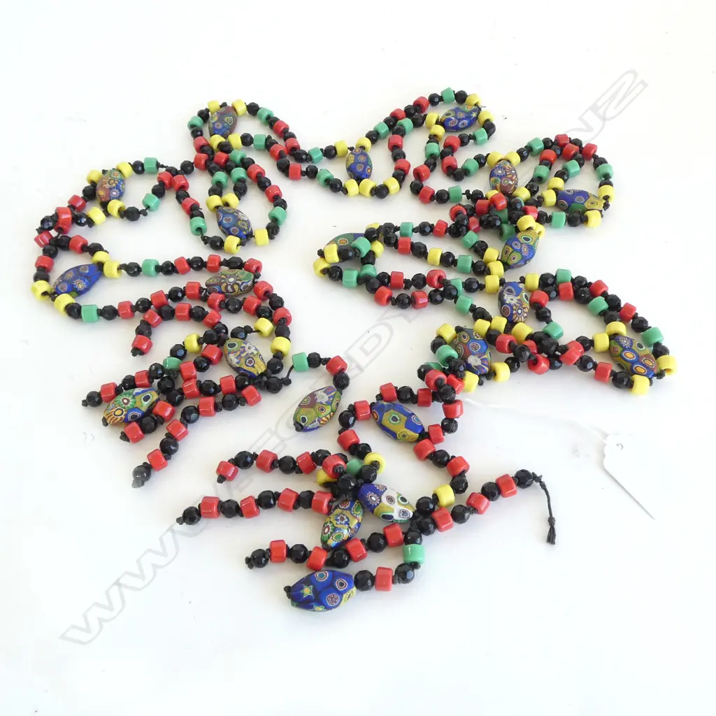 ART DECO COLOURED GLASS BEAD LONG BELT includes millefiori beads Image 1++