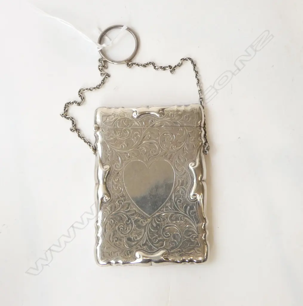 EDWARDIAN QUALITY ENGRAVED CARD CASE W finger suspension. Vacant heart cartouche. Birmingham 1907. 70gms Image 1++