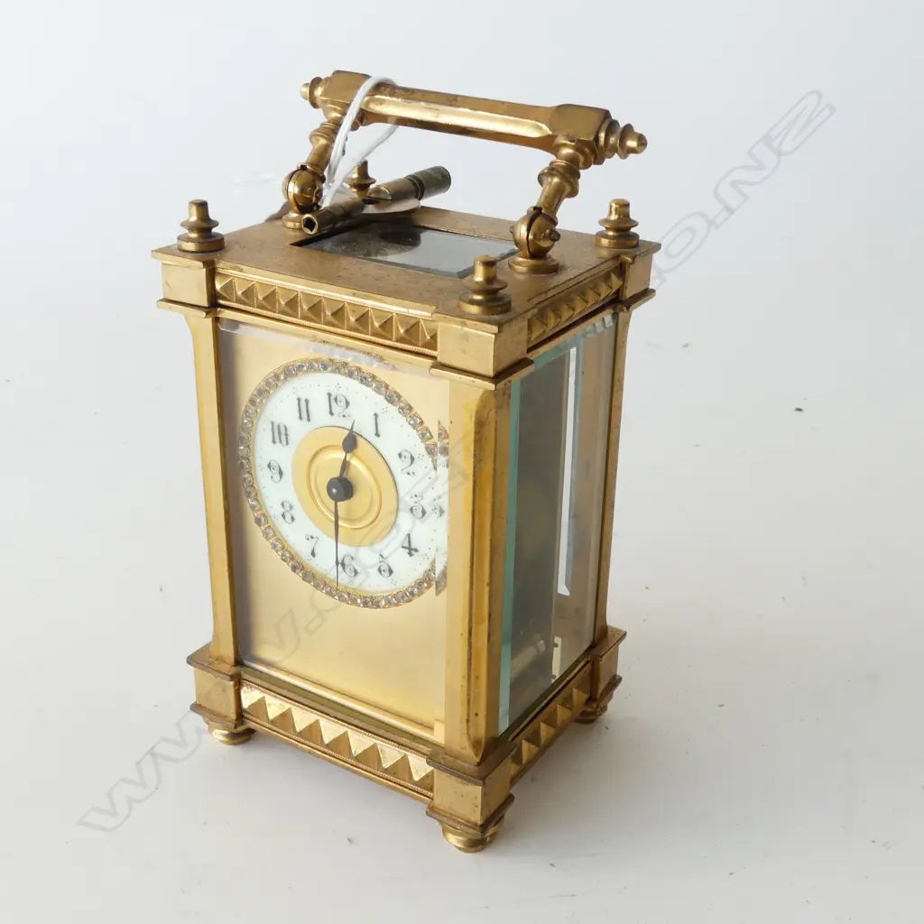 QUALITY 19thC GILT BRASS CARRIAGE CLOCK jewelled dial. Running. With key. H.150mm to handle top.  Image 1++