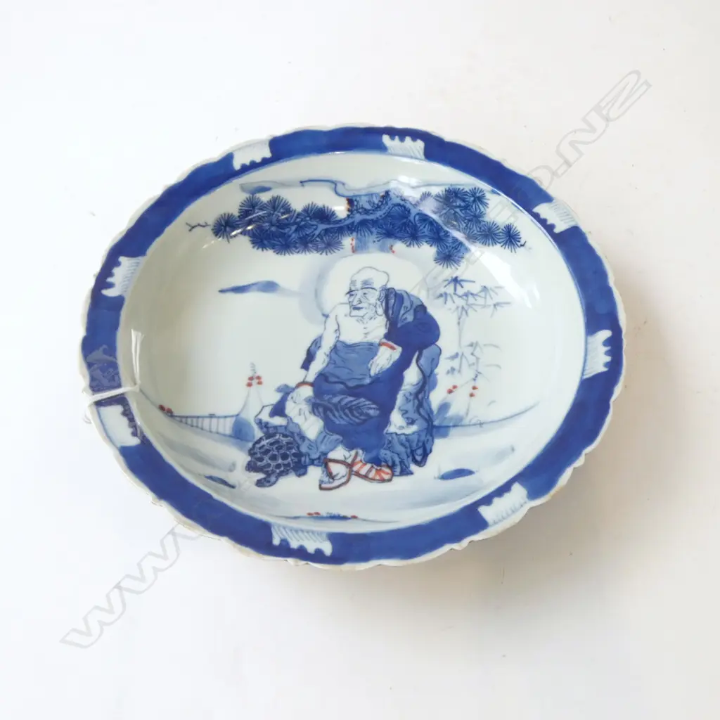 CHINESE B/W BOWL DEPICTING BUDDHIST ARHAT, KANGXI MARK 220mm dia Image 1++