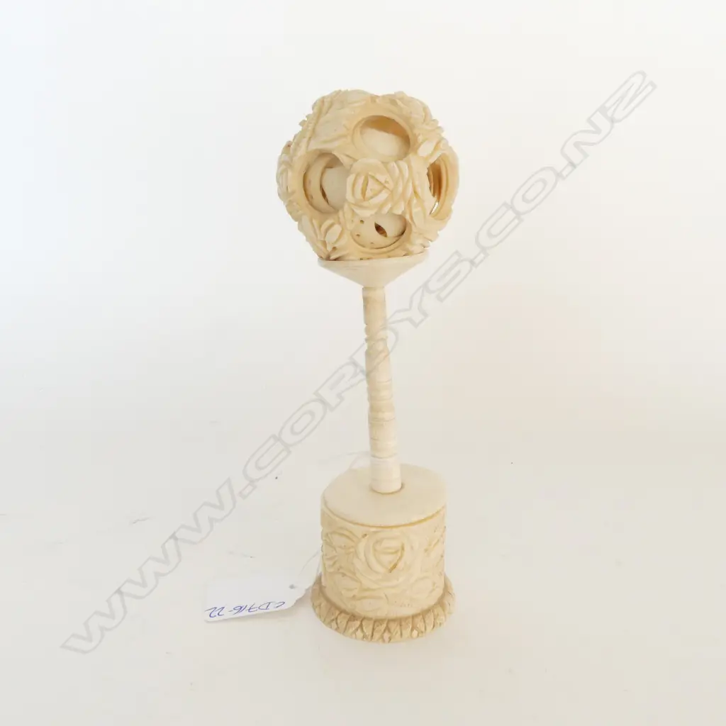CHINESE CARVED IVORY PUZZLE BALL ON STAND at least 11 balls minor faults H.170mm Image 1++