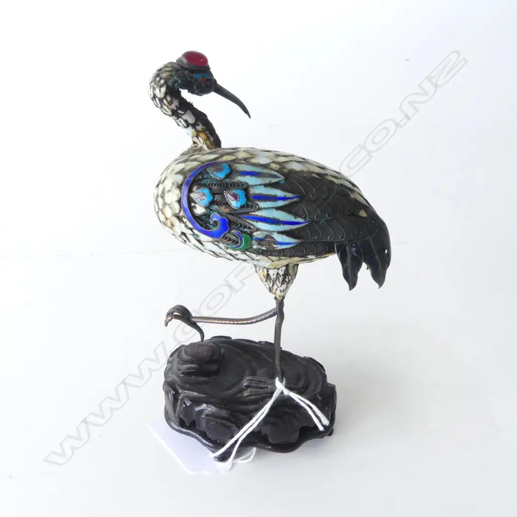 OLD ENAMELLED METAL STORK cabochon agate to its head on wooden carved base H.145mm Image 1++