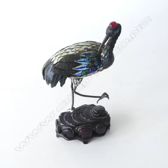 OLD ENAMELLED METAL STORK cabochon agate to its head on wooden carved base H.145mm