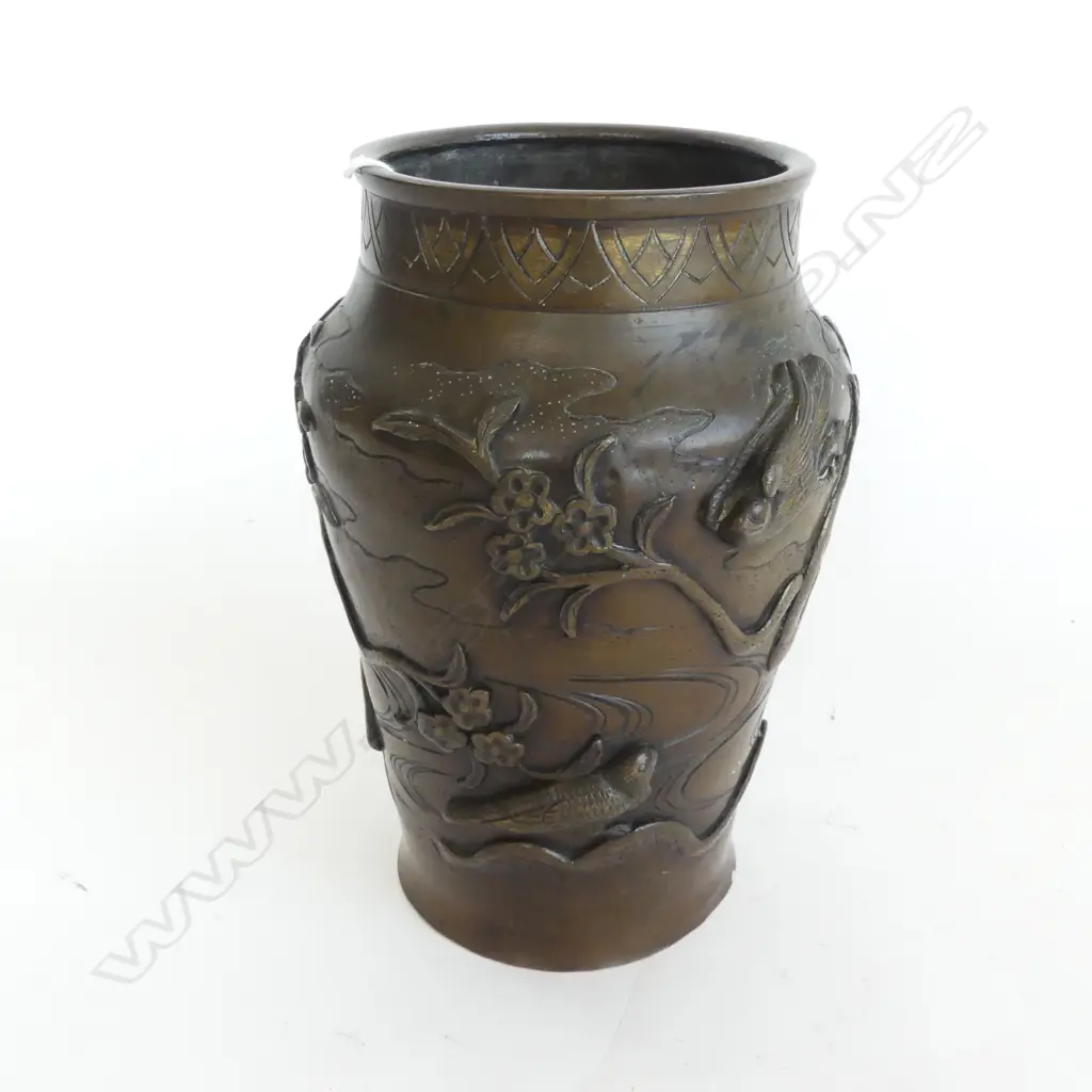 19THC JAPANESE BRONZE VASE applied birds & flowering branches. Character marks to the repaired base. H.215mm Image 1++