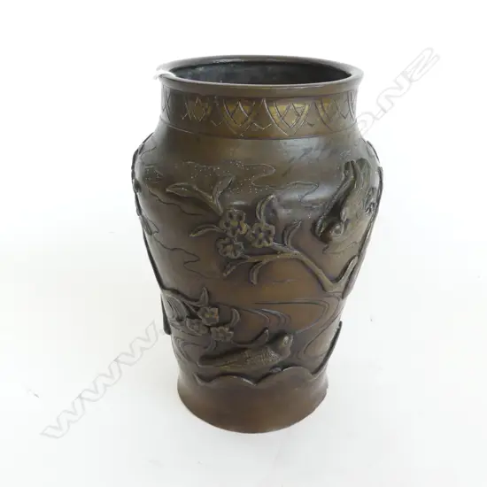 19THC JAPANESE BRONZE VASE applied birds & flowering branches. Character marks to the repaired base. H.215mm