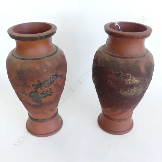 	PR JAPANESE MEIJI TERRACOTTA LGE VASES relief dragons in gilt H.355mm