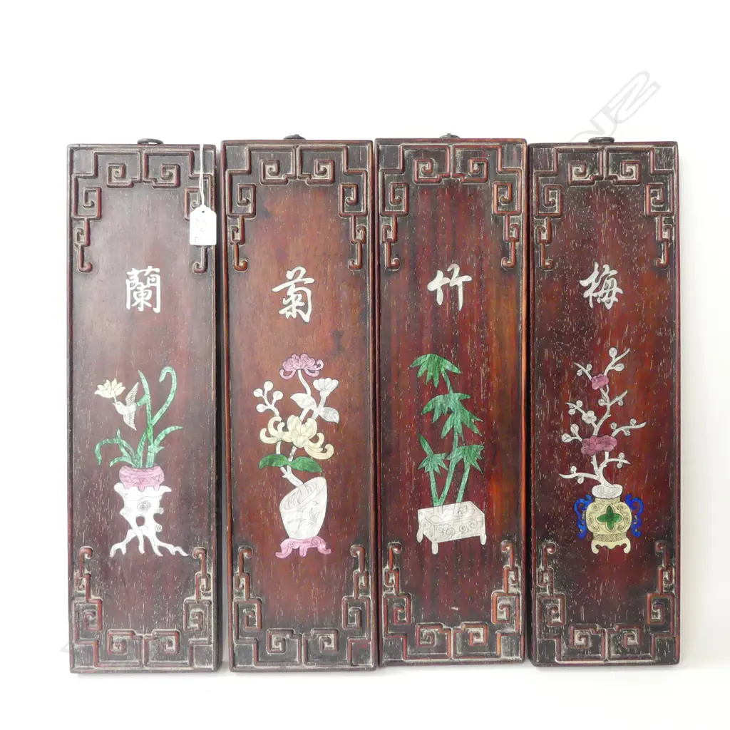 4 ORIENTAL HARD WOOD PANELS w. MoP INLAY 500x145mm Image 1++