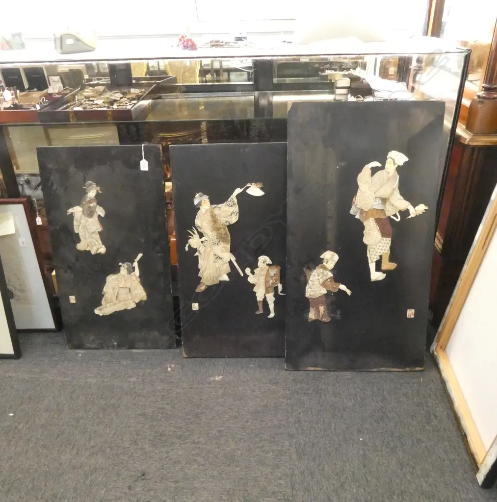 3 late 19thC JAPANESE MEIJI craved bone & black lacquer LGE PANELS of geisha etc. Some pces absent. Lgest.900 x 480mm Image 1++