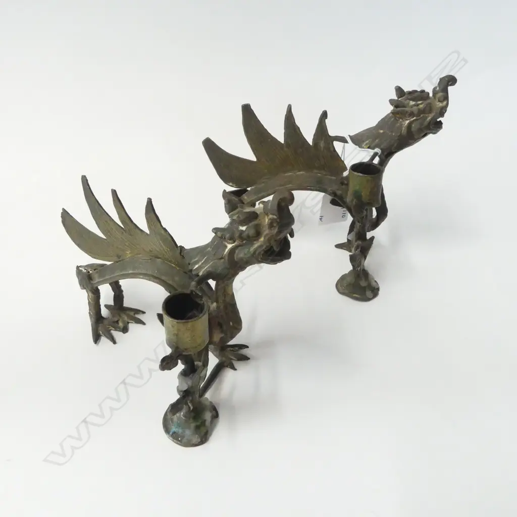 PR TIBETAN BRONZE MYTHICAL BEAST CANDLE HOLDERS L170MM Image 1++