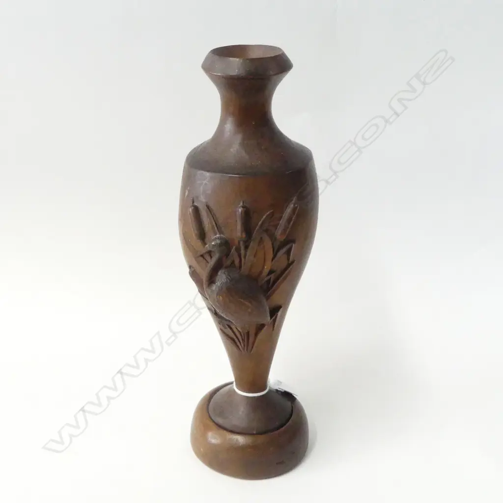 JAPANESE MEJEHI PERIOD HARDWOOD CARVED STORK VASE H300MM Image 1++