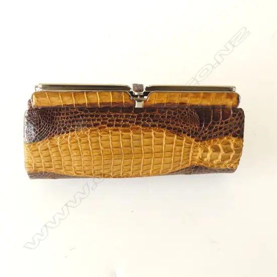 Crocodile leather clutch purse in a paulownia wood box