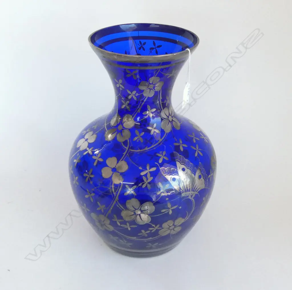 LGE VENETIAN BLUE GLASS VASE WITH SILVER OVERLAY BUTTERFLIES & FLORALS H.360mm Image 1++