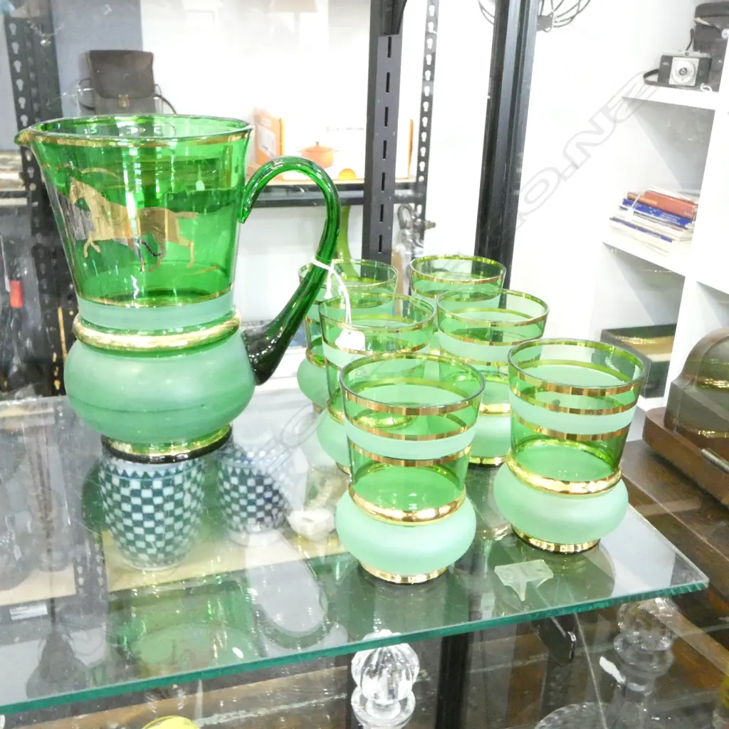 MID CENTURY ITALIAN GREEN GLASS WATER SET JUG H210 & 6 GLASSES H110MM Image 1++