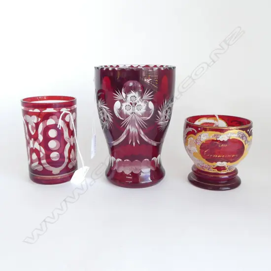 3PCS ANTIQUE EUROPEAN RUBY GLASS VASE H170 CHIP & 2 GOBLETS  H120MM TALLEST