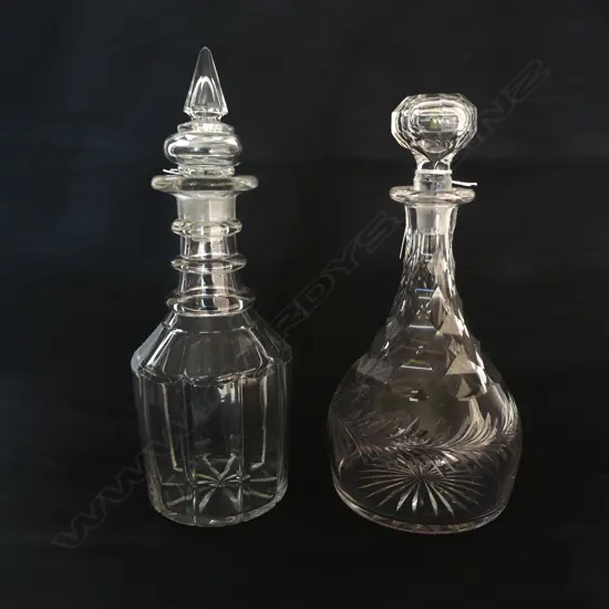 2 ANTIQUE CUT GLASS DECANTERS H300MM TALLEST