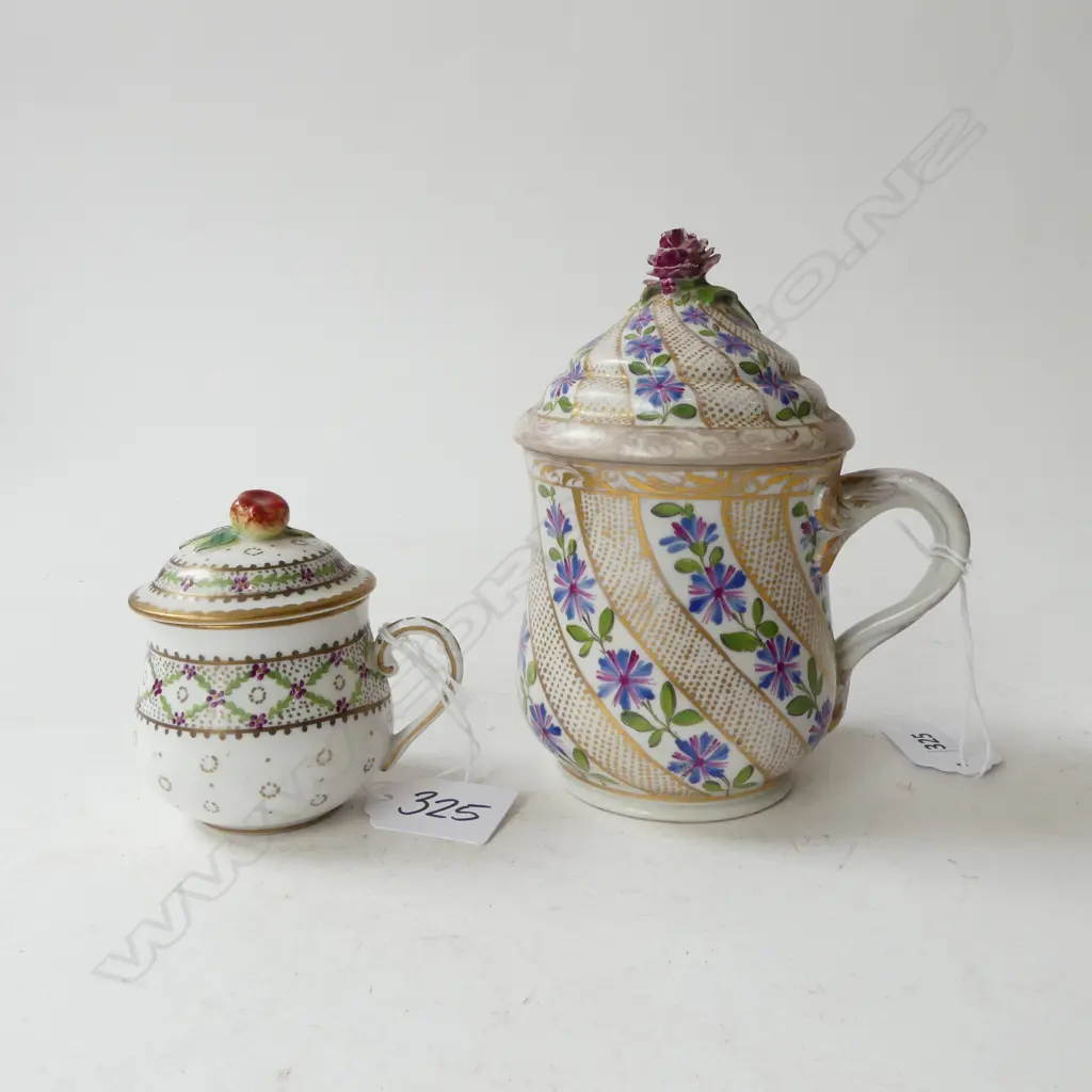 SEVRES SM LIDDED CHOC. CAN C.1773 H80mm & MEISSEN LIDDED CHOC.CAN c.1790 MARCOLINI PERIOD SWORD MARK hairline H. 150mm Image 1++