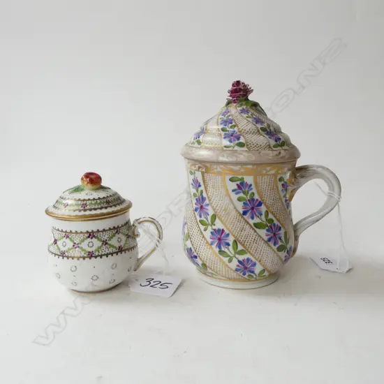 SEVRES SM LIDDED CHOC. CAN C.1773 H80mm & MEISSEN LIDDED CHOC.CAN c.1790 MARCOLINI PERIOD SWORD MARK hairline H. 150mm