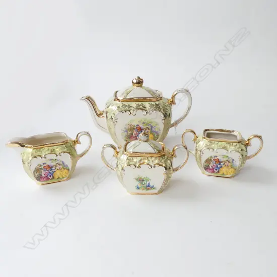 4 PCE. SADLER GOLD SET; TEA POT, CREAM & 2 SUGARS (1 NO LID) etc