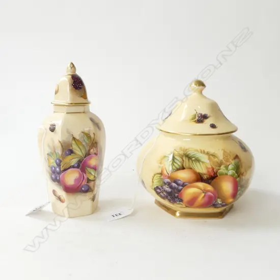 2 LIDDED AYNSLEY  CHINA  VASES FRUIT PAT TALLEST H170MM 1 LID CHIPPED