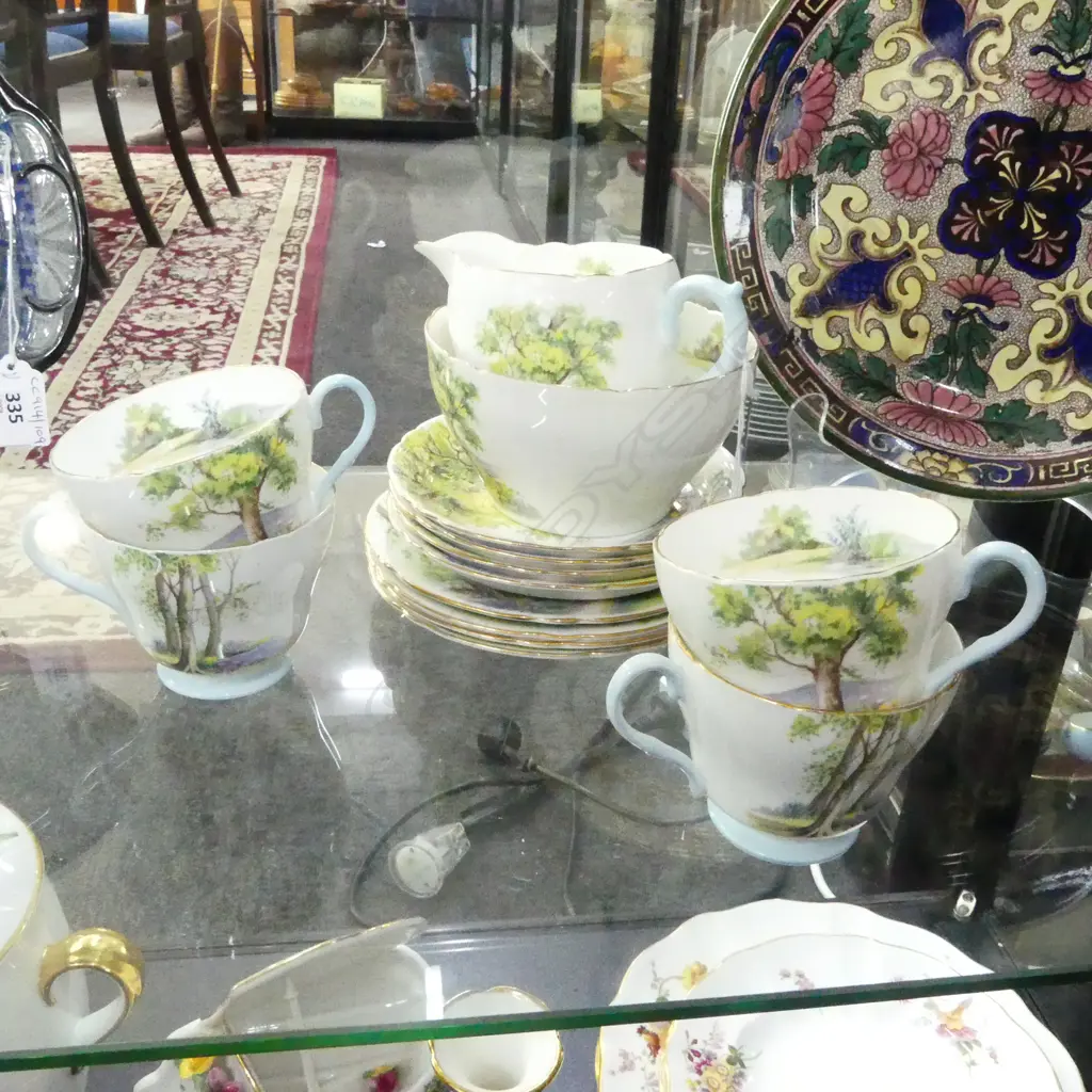 14 PCE SHELLEY 'WOODLAND' TEA SET; 4 TRIOS, MILK JUG & SUGAR BOWL Image 1++