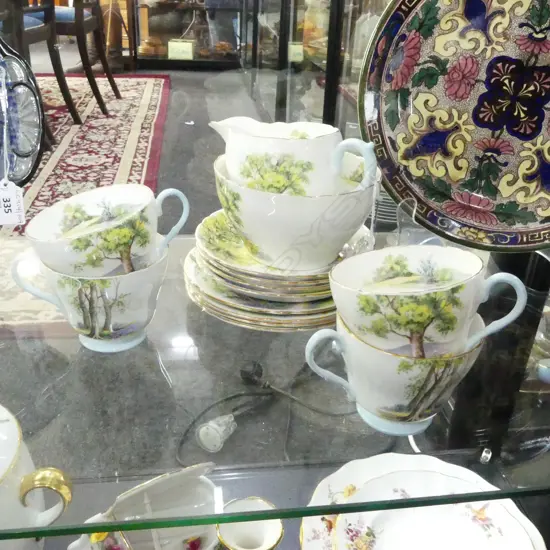 14 PCE SHELLEY 'WOODLAND' TEA SET; 4 TRIOS, MILK JUG & SUGAR BOWL