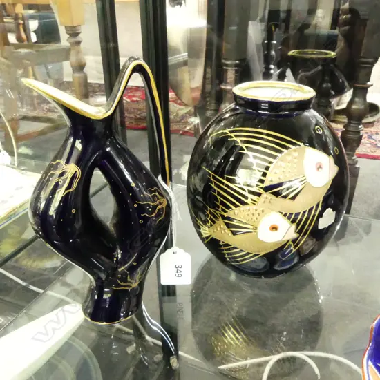 MID CENTURY AMPHORA FISH VASE H160MM & BAVARIAN COBOLT JUG H180MM