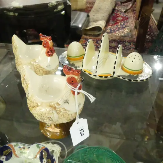 DECO BURLEIGH WARE CONDIMENT W.185mm + 2 CHICKEN EGG CUPS