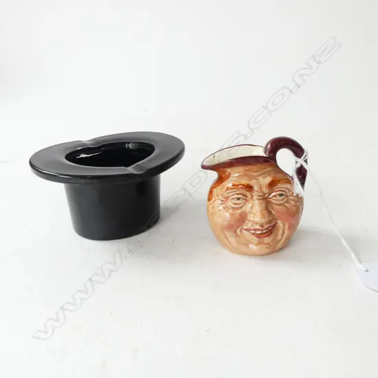 BLACK GLASS TOP HAT ASHTRAY + ROYAL DOULTON SMALL JOHN BARLEYCORN CHARACTER JUG