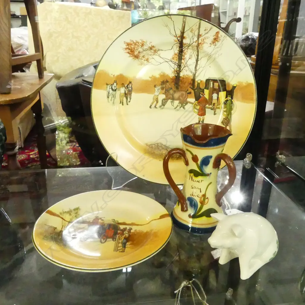 2 ROYAL DOULTON COACHING SCENE PLATES + BELLEEK PIG + TORQUAY VASE Image 1++