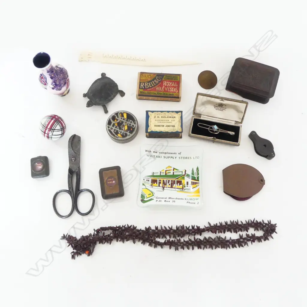 	BOX OF SMALL COLLECTABLES: ceramic small bowling small ball. boxes. Small tortoise. Sml Tupton Ware vase. Rosary etc Image 1++