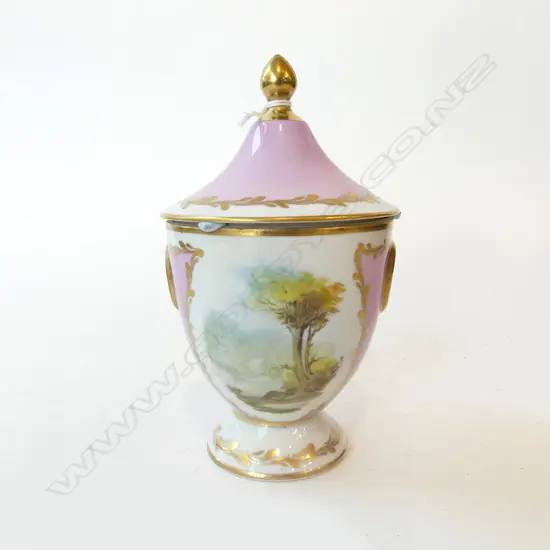 OLD SERVRES HAND PAINTED LIDDED URN pink ground gilt highlights H.165mm