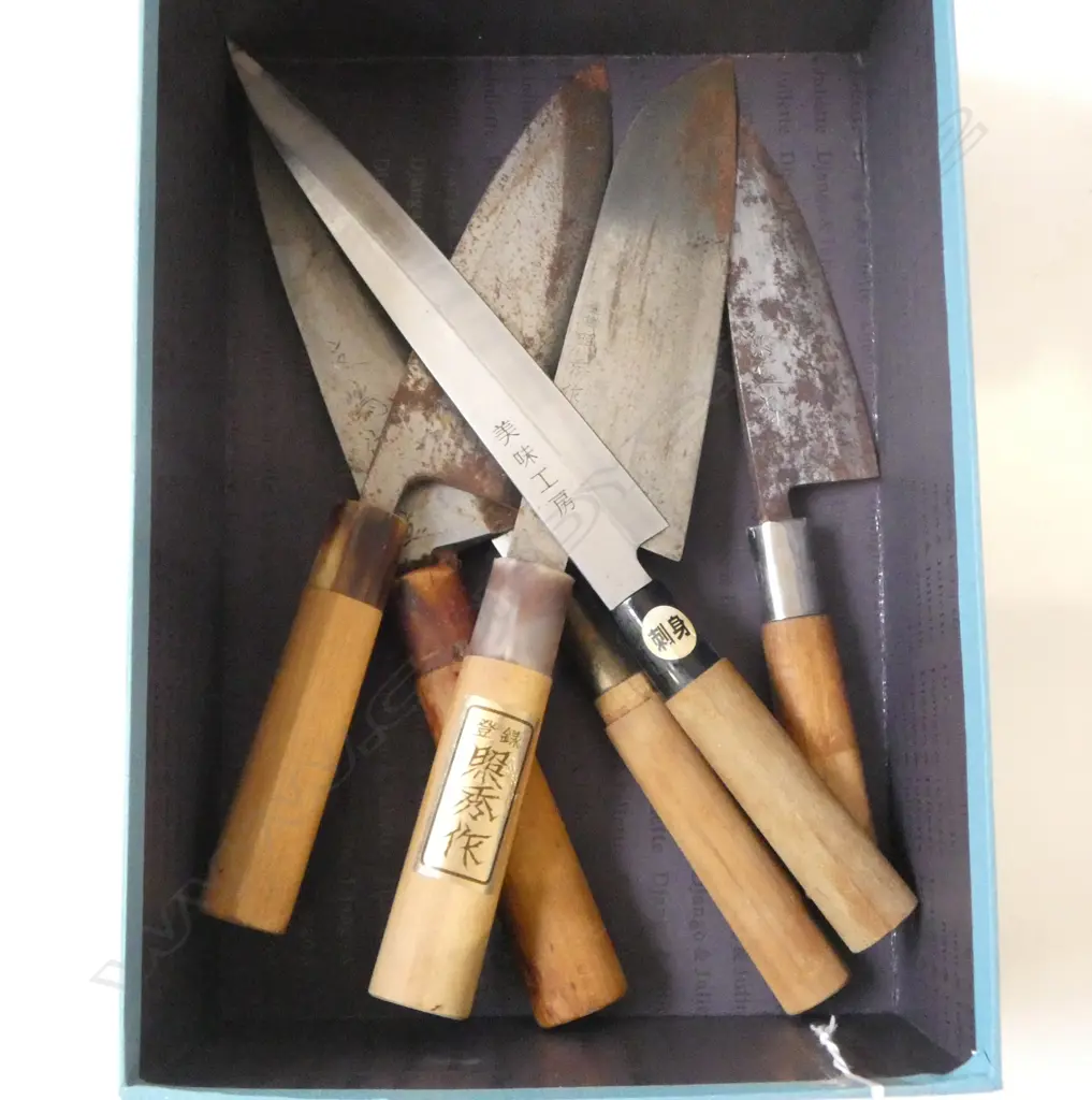 6 VINTAGE JAPANESE QUALITY STEEL CHEFS KNIFES all with signed blades longest 330mm Image 1++