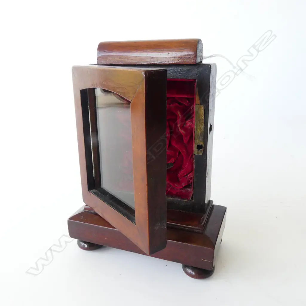VICTORIAN MAHOGANY POCKET WATCH GLAZED STANDING CASE H.190mm red velvet lined Image 1++