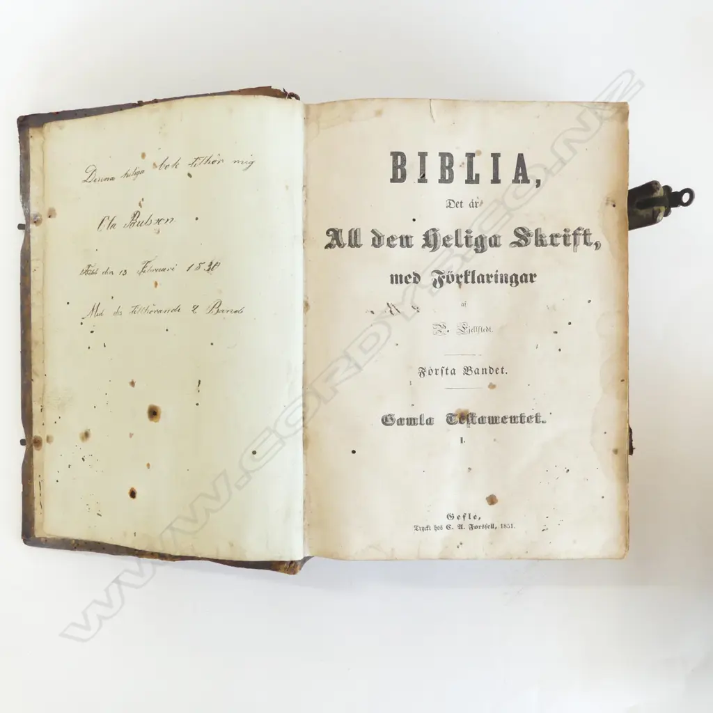 1851 GERMAN BIBLE AF, WOODEN HAT STAND H.350mm, ENAMEL BOWL 245mm dia Image 1++