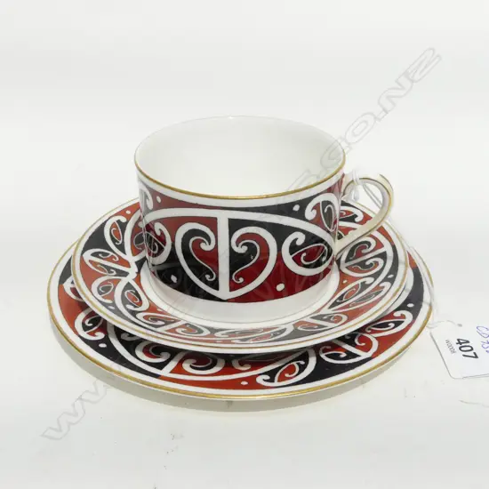 ROYAL DOULTON MAORI ART CUP (hair crack to base) SAUCER & PLATE