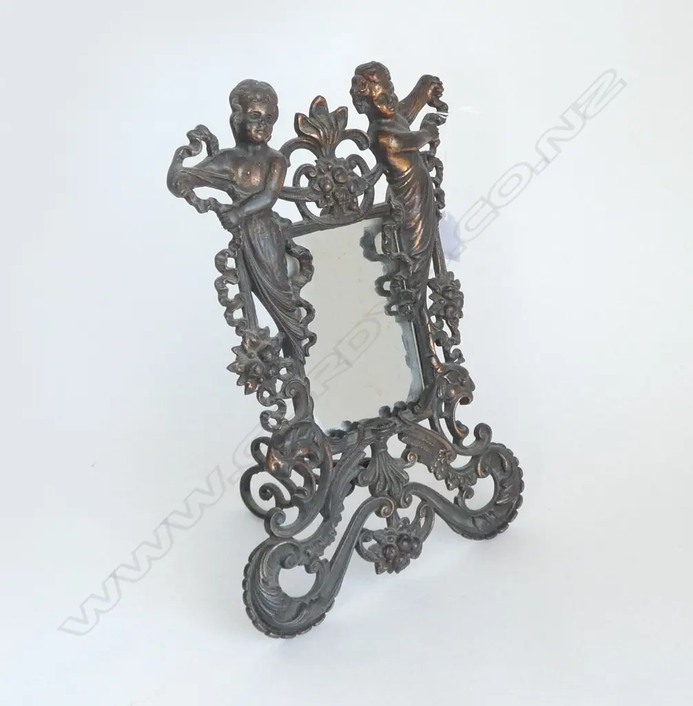 VICTORIAN BRONZE FINISHED CAST IRON FANCY TABLE MIRROR cherubs scrolls lions heads H.330mm Image 1++