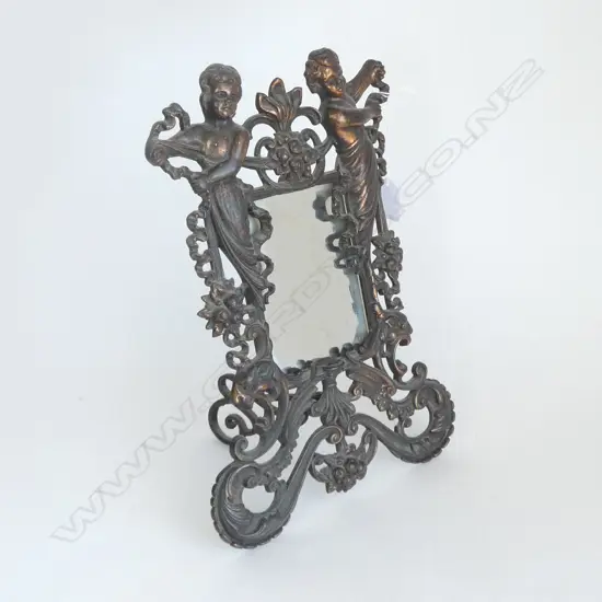 VICTORIAN BRONZE FINISHED CAST IRON FANCY TABLE MIRROR cherubs scrolls lions heads H.330mm