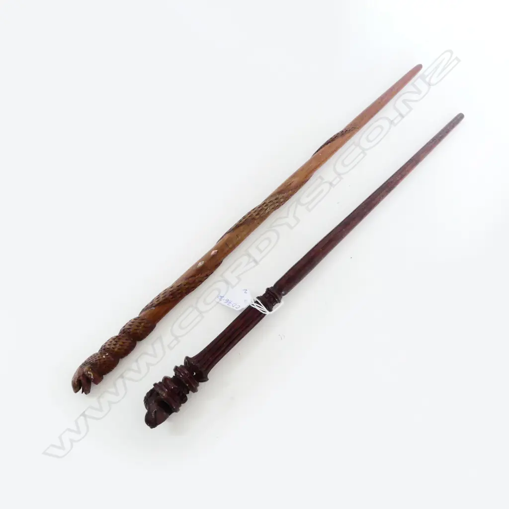 2 CARVED WOODEN SWAGGER STICKS / BATONS FROG & SNAKE with chip to upper lip Image 1++