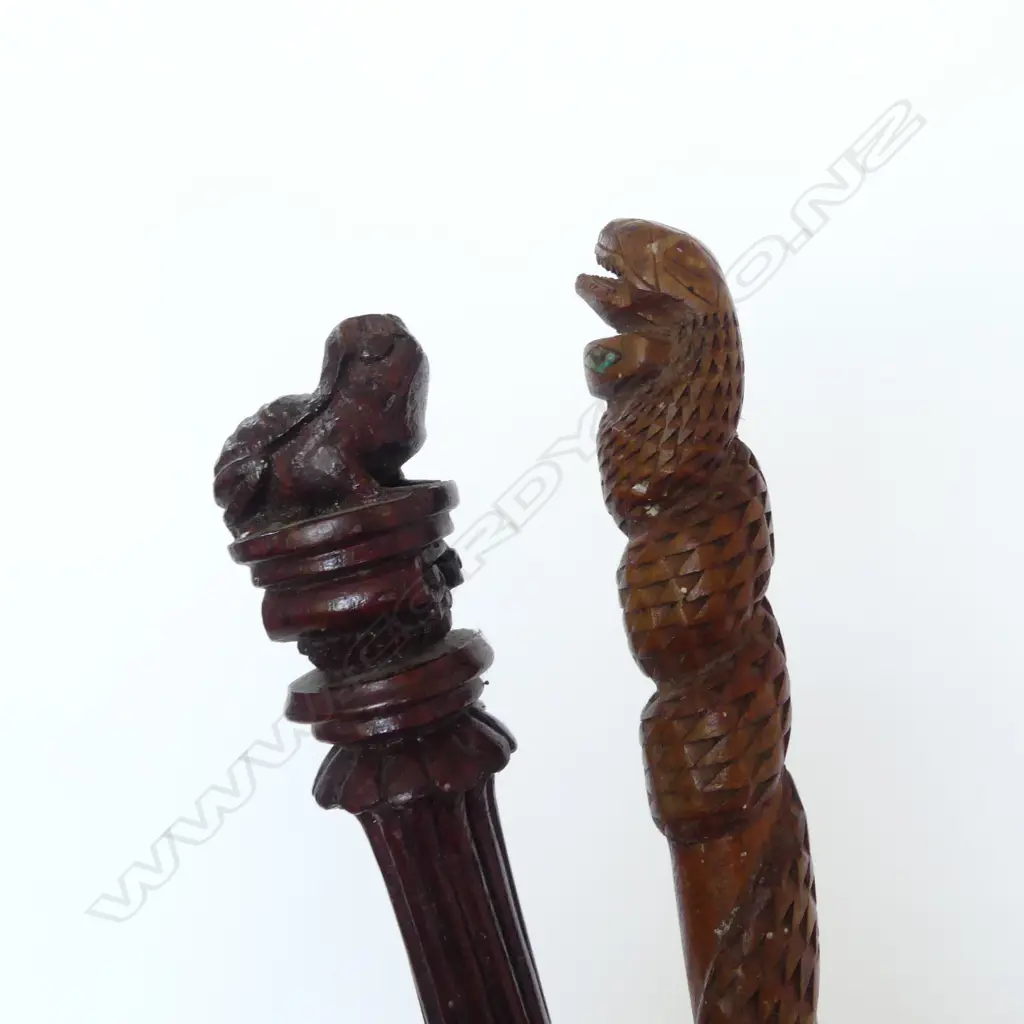 2 CARVED WOODEN SWAGGER STICKS / BATONS FROG & SNAKE with chip to upper lip Image 1++