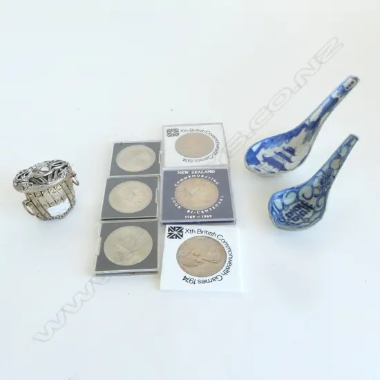 2 OLD B&W Chinese spoons + S/PLATE Art Nouveau purse top + 6 UNC (uncirculated) COINS