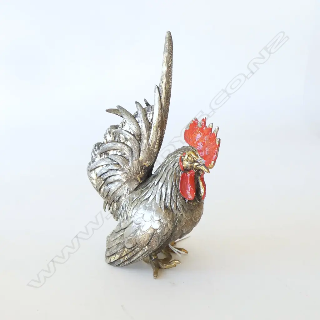 VINTAGE HEAVY WHITE METAL ROOSTER red & gilt highlights H.205mm Image 1++