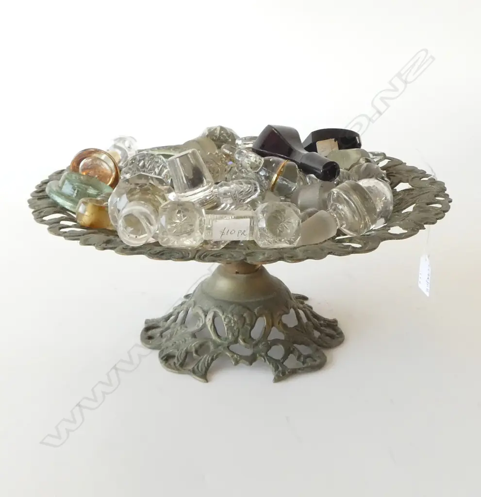 LARGE BRASS COMPORT DIA340MM WITH LARGE COLLETION OF VINTAGE GLASS BOTTLE STOPPERS  Image 1++