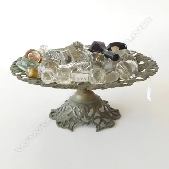 LARGE BRASS COMPORT DIA340MM WITH LARGE COLLETION OF VINTAGE GLASS BOTTLE STOPPERS 