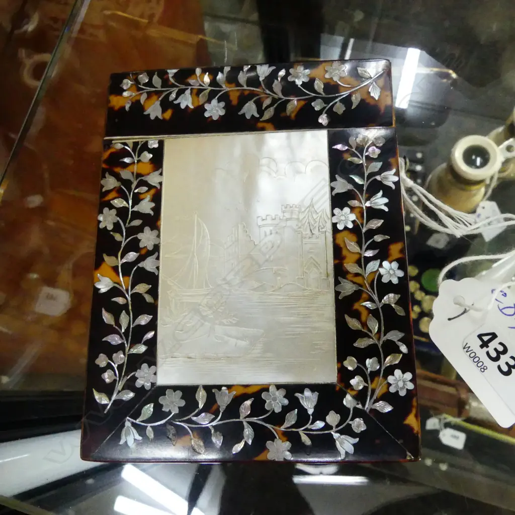 **RTV**VICTORIAN TORTOISESHELL & MOP CARD CASE 105 X 80mm. Engraved coastal castle scene Image 1++