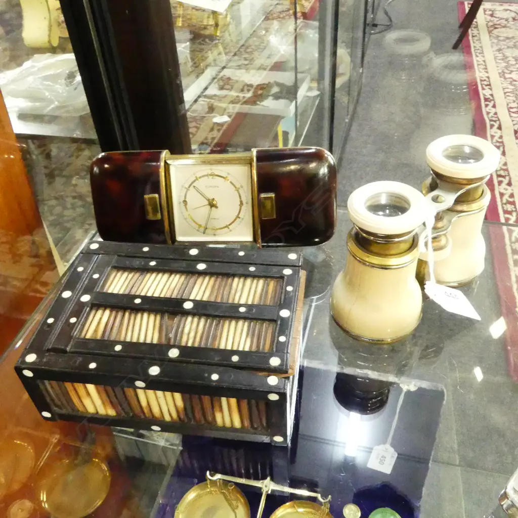 QUILL BOX W.125mm, IVORY OPERA GLASSES (crack), EUROPA FAUX TORTOISESHELL TRAVEL CLOCK Image 1++
