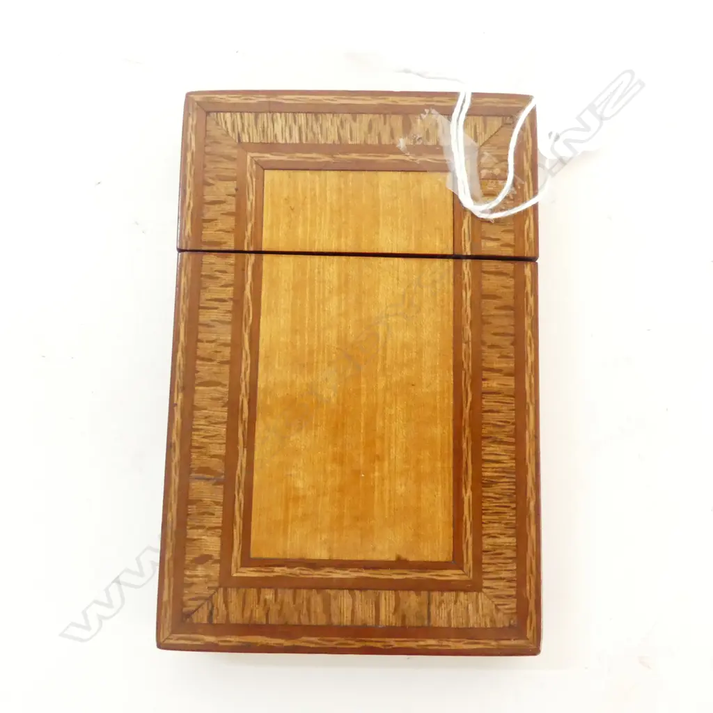EXOTIC NZ TIMBERS INLAID CARD CASE. Mottled totara back + rewarewa etc H.120mm Image 1++