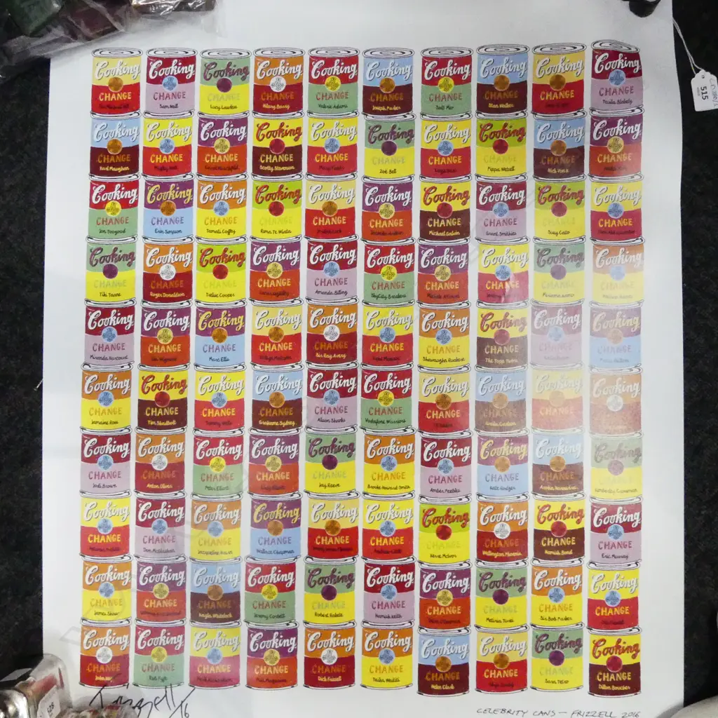 SIGNED DICK FRIZZELL PRINT 'CELEBRITY CANS' 2016 720x580mm Image 1++