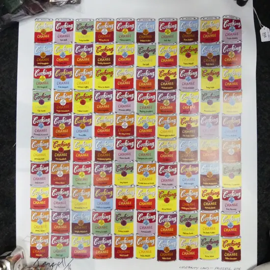 SIGNED DICK FRIZZELL PRINT 'CELEBRITY CANS' 2016 720x580mm