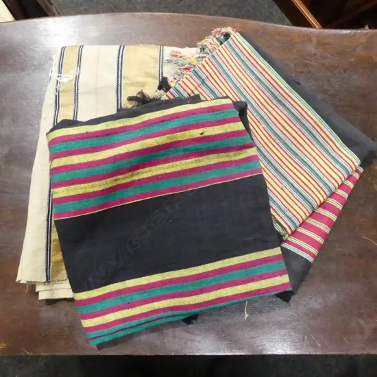 3 TRIBAL CLOTH PIECES: 2 STRIPED & LOOM WOVEN 1900 X 1070mm + A VERY LONG PALE TAN cotton length w gold thread at ends